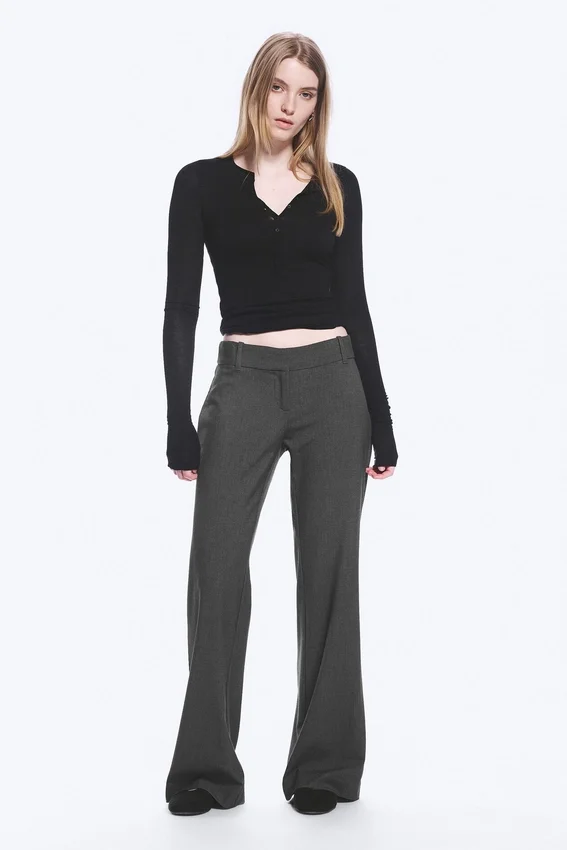 Low-Rise Flared Suiting Trousers – Dark Grey Melange Low-Rise Flared Suiting Trousers – Dark Grey Melange