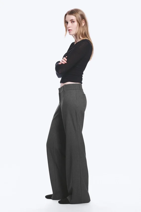 Low-Rise Flared Suiting Trousers – Dark Grey Melange Low-Rise Flared Suiting Trousers – Dark Grey Melange