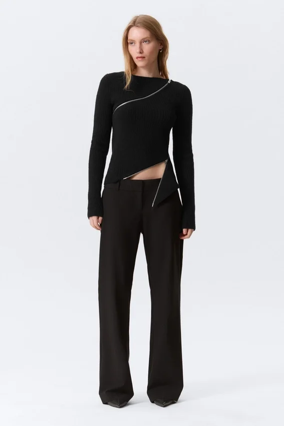 Low-Rise Flared Suiting Trousers – Pinstriped Black Low-Rise Flared Suiting Trousers – Pinstriped Black