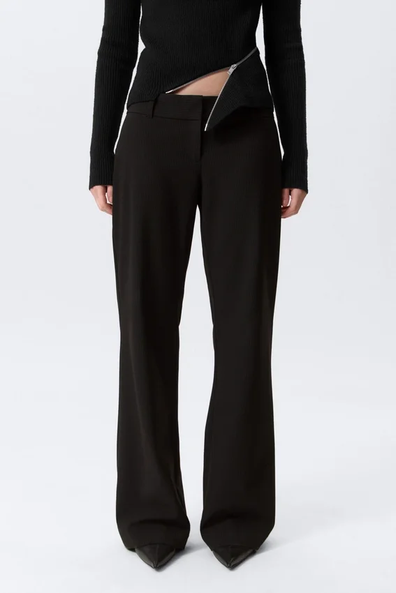 Low-Rise Flared Suiting Trousers – Pinstriped Black Low-Rise Flared Suiting Trousers – Pinstriped Black