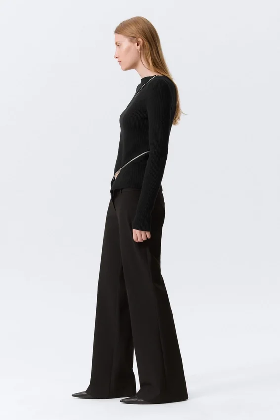 Low-Rise Flared Suiting Trousers – Pinstriped Black Low-Rise Flared Suiting Trousers – Pinstriped Black
