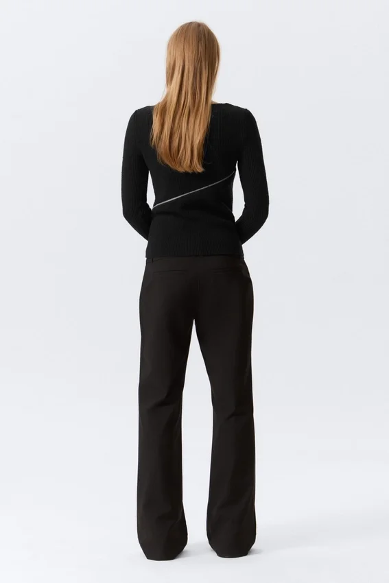 Low-Rise Flared Suiting Trousers – Pinstriped Black Low-Rise Flared Suiting Trousers – Pinstriped Black