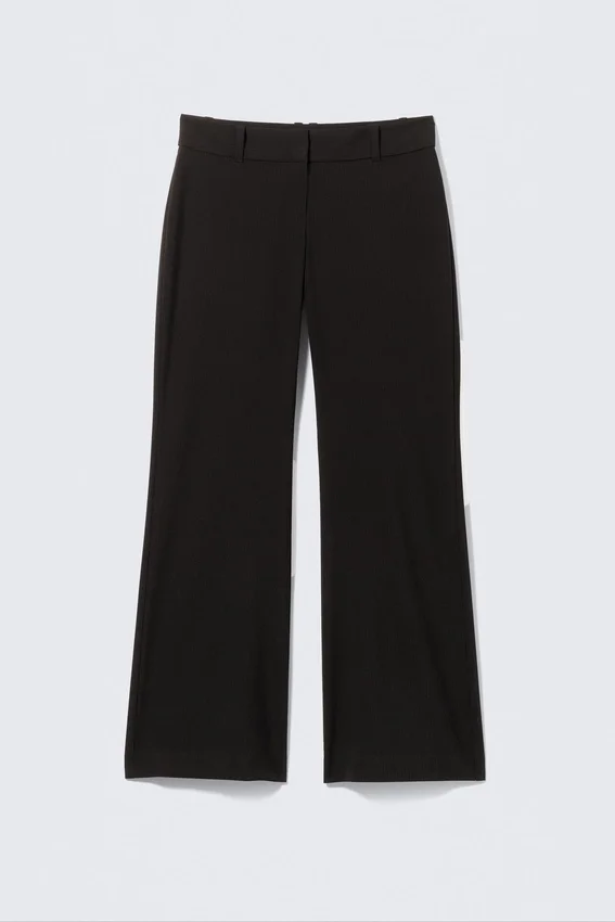 Low-Rise Flared Suiting Trousers – Pinstriped Black Low-Rise Flared Suiting Trousers – Pinstriped Black