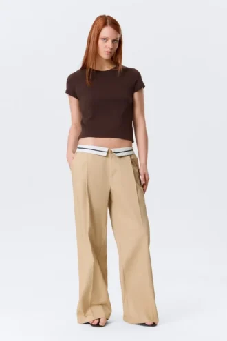 Low Rise Folded Waist Twill Trousers – Beige