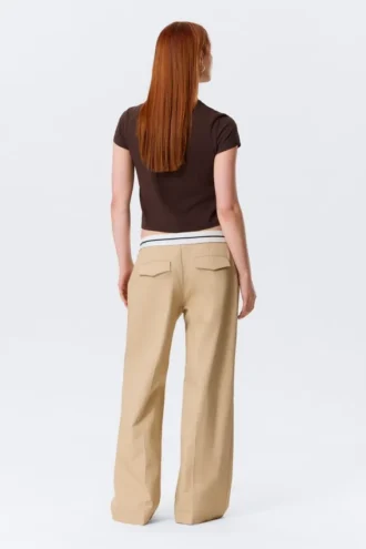 Low Rise Folded Waist Twill Trousers – Beige