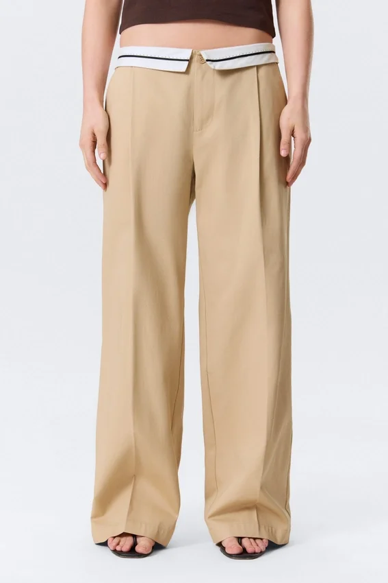 Low Rise Folded Waist Twill Trousers – Beige Low Rise Folded Waist Twill Trousers – Beige