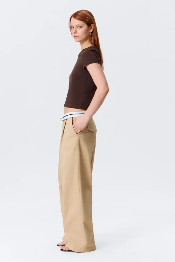 Low Rise Folded Waist Twill Trousers – Beige Low Rise Folded Waist Twill Trousers – Beige