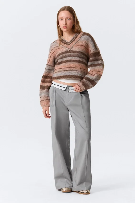Low Rise Folded Waist Twill Trousers – Grey Low Rise Folded Waist Twill Trousers – Grey