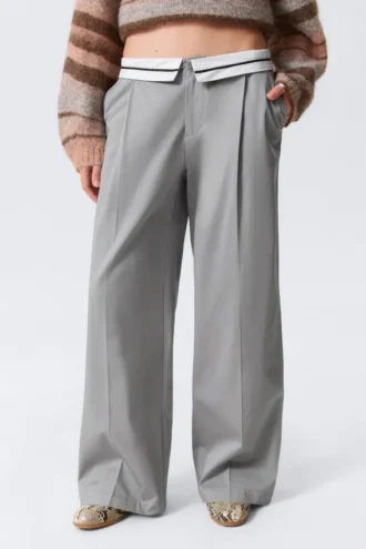 Low Rise Folded Waist Twill Trousers – Grey