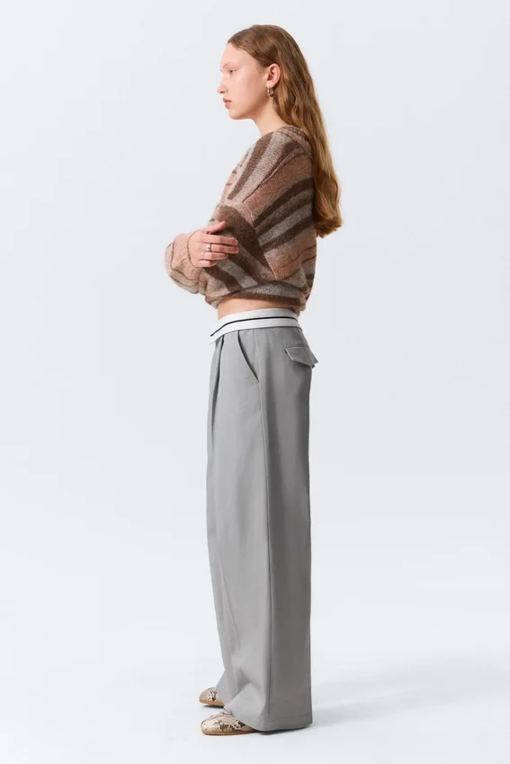 Low Rise Folded Waist Twill Trousers – Grey Low Rise Folded Waist Twill Trousers – Grey