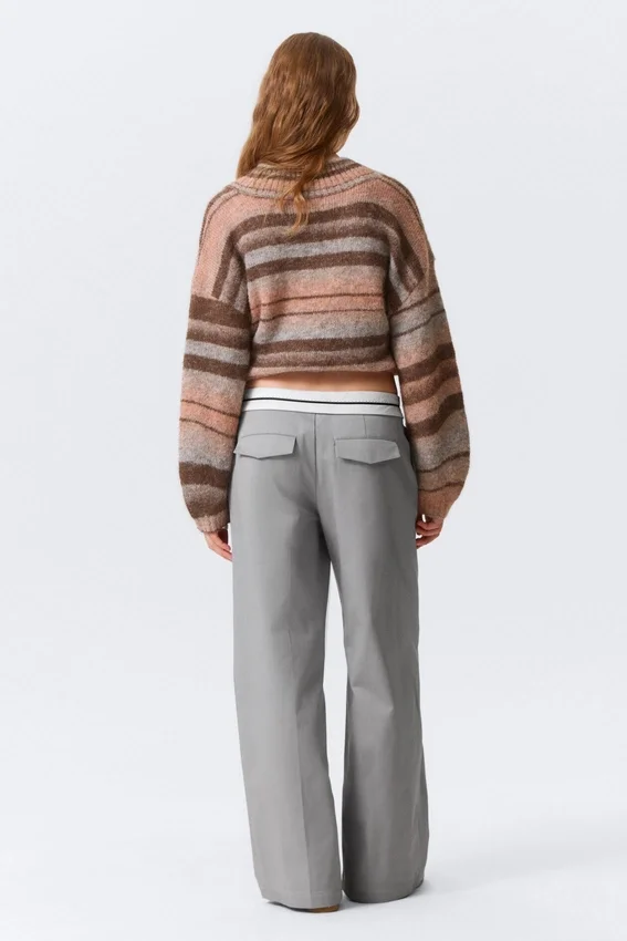 Low Rise Folded Waist Twill Trousers – Grey Low Rise Folded Waist Twill Trousers – Grey