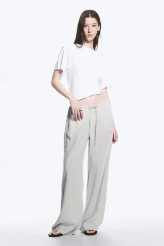 Low Rise Linen-Blend Trousers – Light Grey