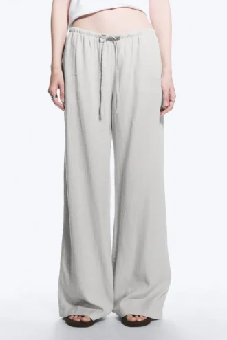Low Rise Linen-Blend Trousers – Light Grey