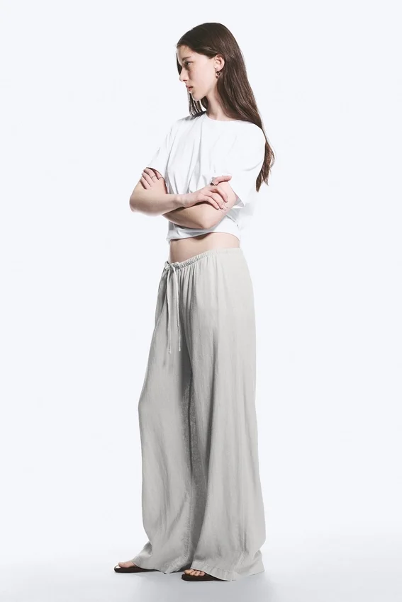 Low Rise Linen-Blend Trousers – Light Grey Low Rise Linen-Blend Trousers – Light Grey