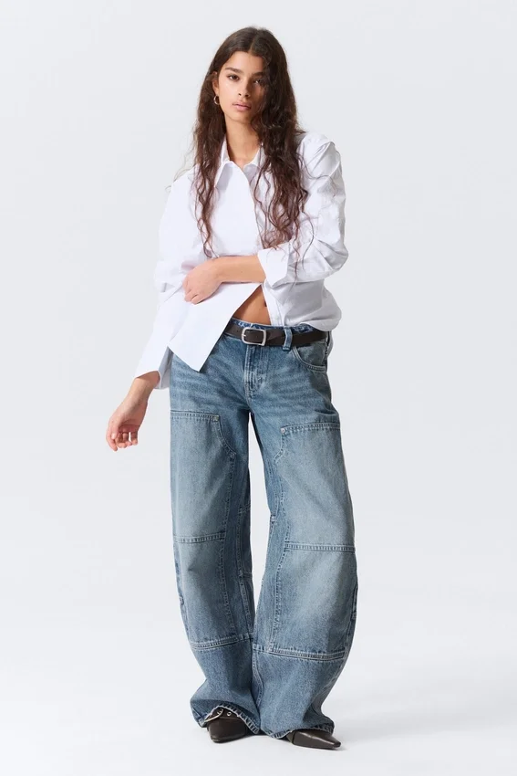 Low Rise Loose Barrel Workwear Jeans – Mid Blue – Medium Blue Low Rise Loose Barrel Workwear Jeans – Mid Blue – Medium Blue