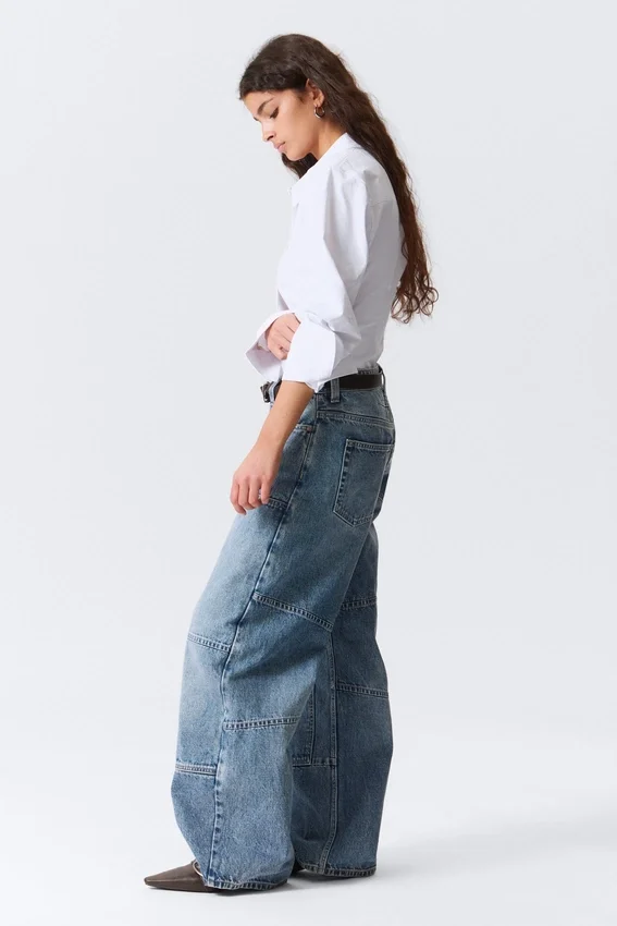 Low Rise Loose Barrel Workwear Jeans – Mid Blue – Medium Blue Low Rise Loose Barrel Workwear Jeans – Mid Blue – Medium Blue