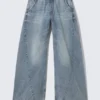 Low Rise Loose Fit Denim Joggers – Torn Blue – Medium Blue Low Rise Loose Fit Denim Joggers – Torn Blue – Medium Blue