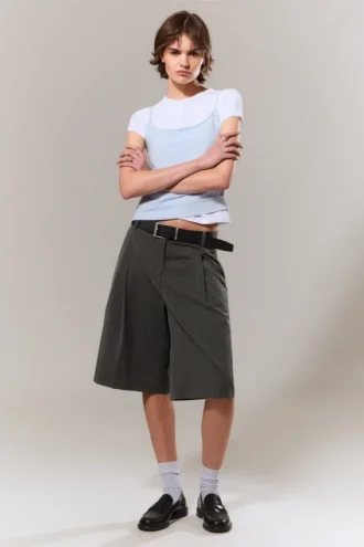 Low Rise Loose Pleated Suiting Shorts – Dark Grey – Herringbone