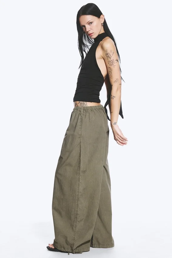 Low Rise Pull-On Ripstop Trousers – Dusty Green Khaki Low Rise Pull-On Ripstop Trousers – Dusty Green Khaki