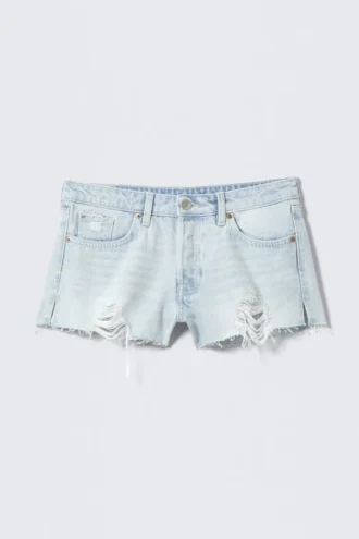 Low Rise Raw Hem Mini Denim Shorts – Fluid Blue – Light Blue