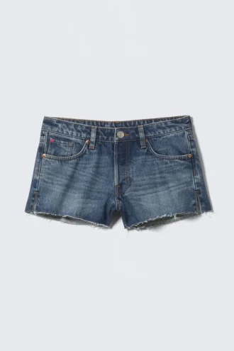 Low Rise Raw Hem Mini Denim Shorts – Mountain Blue – Dark Blue