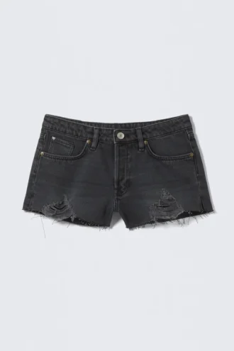 Low Rise Raw Hem Mini Denim Shorts – Smoky Blue – Dark Blue