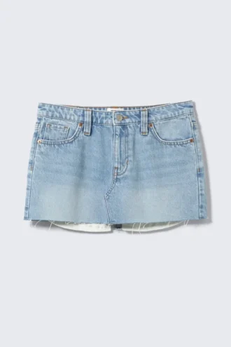 Low Rise Raw Hem Mini Denim Skirt – Fresh Blue – Light Blue