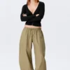 Low Rise Ruched Drawstring Trousers – Light Khaki Green Low Rise Ruched Drawstring Trousers – Light Khaki Green