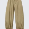 Low Rise Ruched Drawstring Trousers – Light Khaki Green Low Rise Ruched Drawstring Trousers – Light Khaki Green