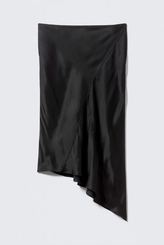Low Rise Satin Midi Skirt – Black Low Rise Satin Midi Skirt – Black