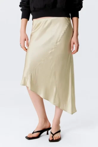 Low Rise Satin Midi Skirt – Light Dusty Beige