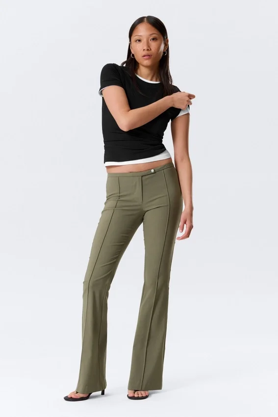 Low Rise Skinny Flared Leg Trousers – Dark Khaki Green Low Rise Skinny Flared Leg Trousers – Dark Khaki Green