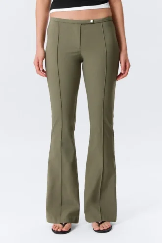 Low Rise Skinny Flared Leg Trousers – Dark Khaki Green