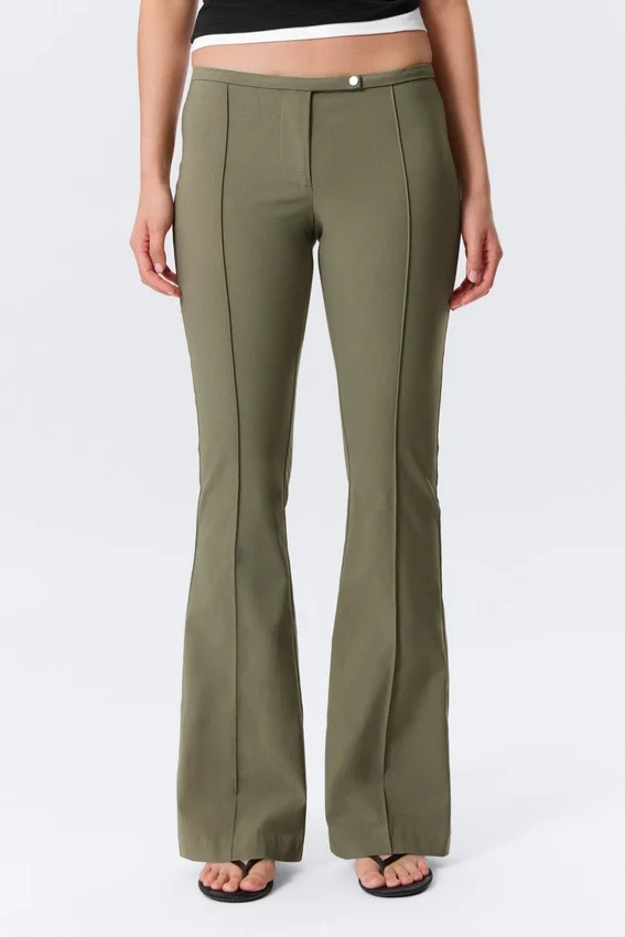 Low Rise Skinny Flared Leg Trousers – Dark Khaki Green Low Rise Skinny Flared Leg Trousers – Dark Khaki Green