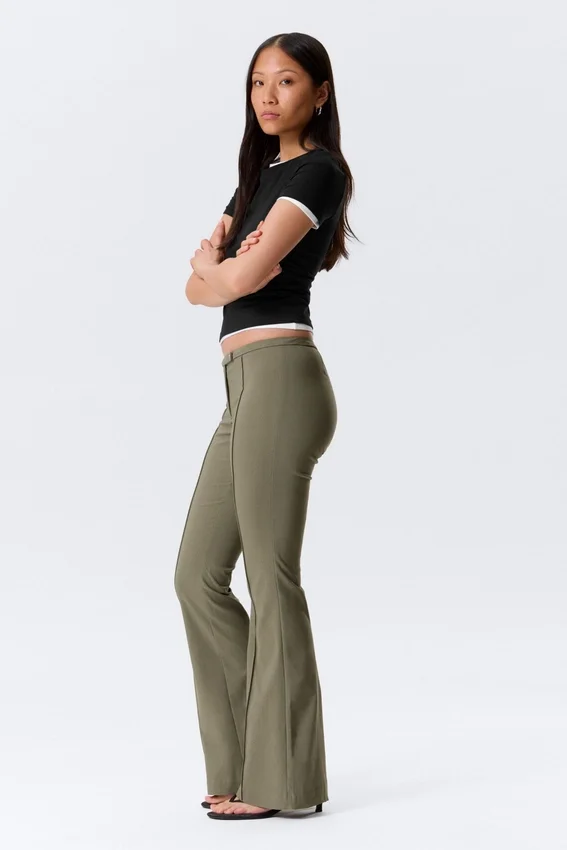 Low Rise Skinny Flared Leg Trousers – Dark Khaki Green Low Rise Skinny Flared Leg Trousers – Dark Khaki Green