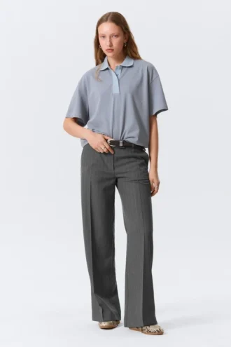Low Rise Suiting Trousers – Pinstriped Grey Melange Low Rise Suiting Trousers – Pinstriped Grey Melange