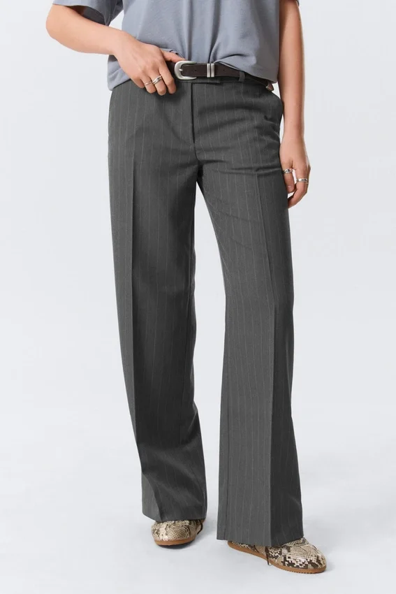 Low Rise Suiting Trousers – Pinstriped Grey Melange Low Rise Suiting Trousers – Pinstriped Grey Melange