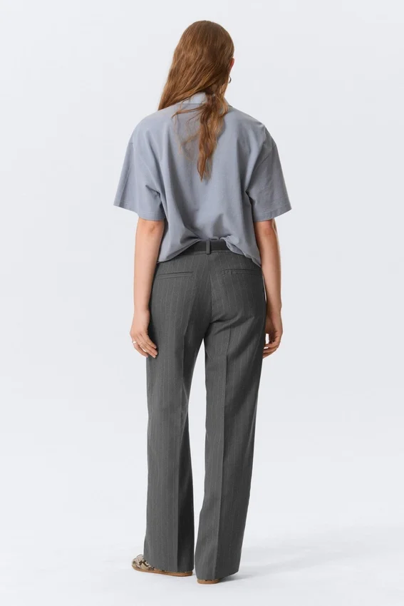 Low Rise Suiting Trousers – Pinstriped Grey Melange Low Rise Suiting Trousers – Pinstriped Grey Melange