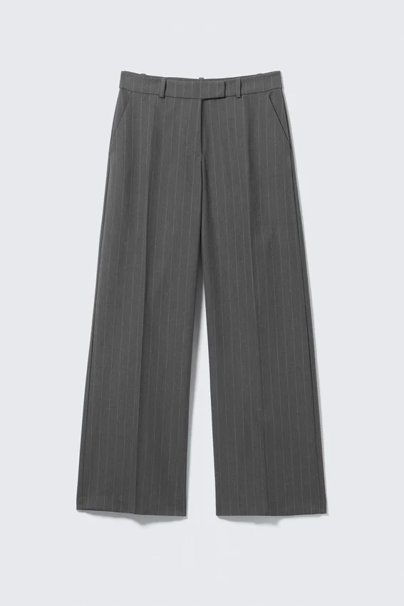 Low Rise Suiting Trousers – Pinstriped Grey Melange Low Rise Suiting Trousers – Pinstriped Grey Melange