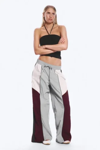Low Rise Wide Leg Colourblock Trousers – Grey/Pink/Red