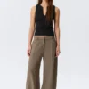 Low Rise Wide Leg Crinkled Trousers – Beige Low Rise Wide Leg Crinkled Trousers – Beige
