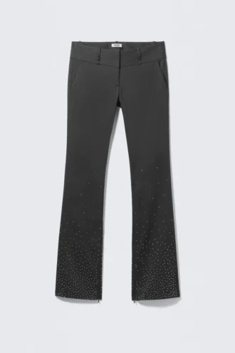 Low Rise Zip-Hem Satin Rhinestone Trousers – Dark Grey – Rhinestones
