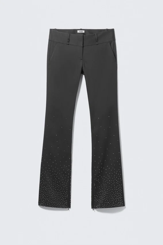 Low Rise Zip-Hem Satin Rhinestone Trousers – Dark Grey – Rhinestones Low Rise Zip-Hem Satin Rhinestone Trousers – Dark Grey – Rhinestones