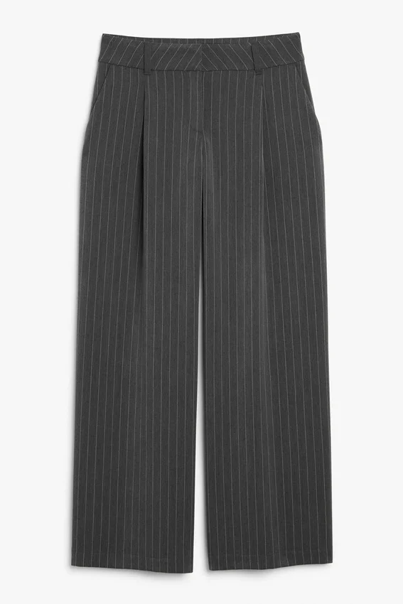 Low Waist Wide Leg Tailored Trousers – Grey Pinstripe Low Waist Wide Leg Tailored Trousers – Grey Pinstripe