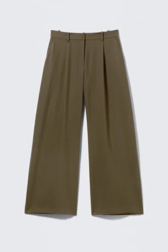 Low Waist Wide Suiting Trousers – Dark Khaki Green Low Waist Wide Suiting Trousers – Dark Khaki Green