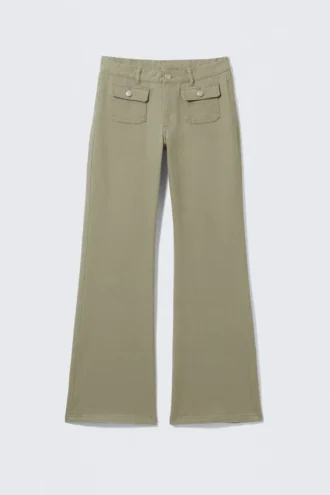 Low Waisted Bootcut Twill Trousers – Khaki Green