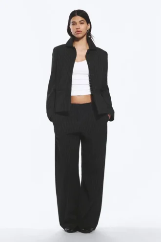 Low-Waisted Loose Fit Suit Trousers – Pinstriped Black