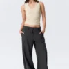 Low-Waisted Loose Fit Suit Trousers – Pinstriped Dark Grey Low-Waisted Loose Fit Suit Trousers – Pinstriped Dark Grey