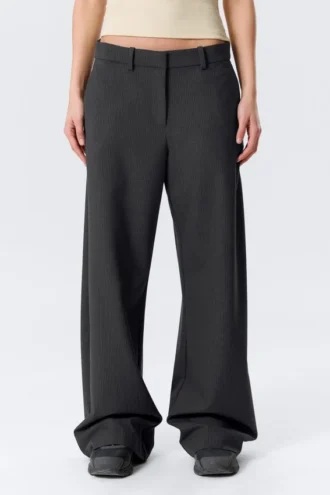 Low-Waisted Loose Fit Suit Trousers – Pinstriped Dark Grey