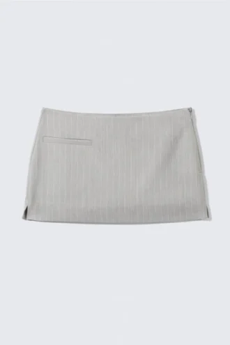 Low Waisted Mini Suiting Skirt – Light Grey – Pinstripe Low Waisted Mini Suiting Skirt – Light Grey – Pinstripe